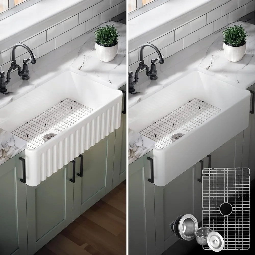 

home 33 inch farmhouse kitchen sink, reversible design, cupc, 33x18 clay apron front, white porcelain ceramic single bowl