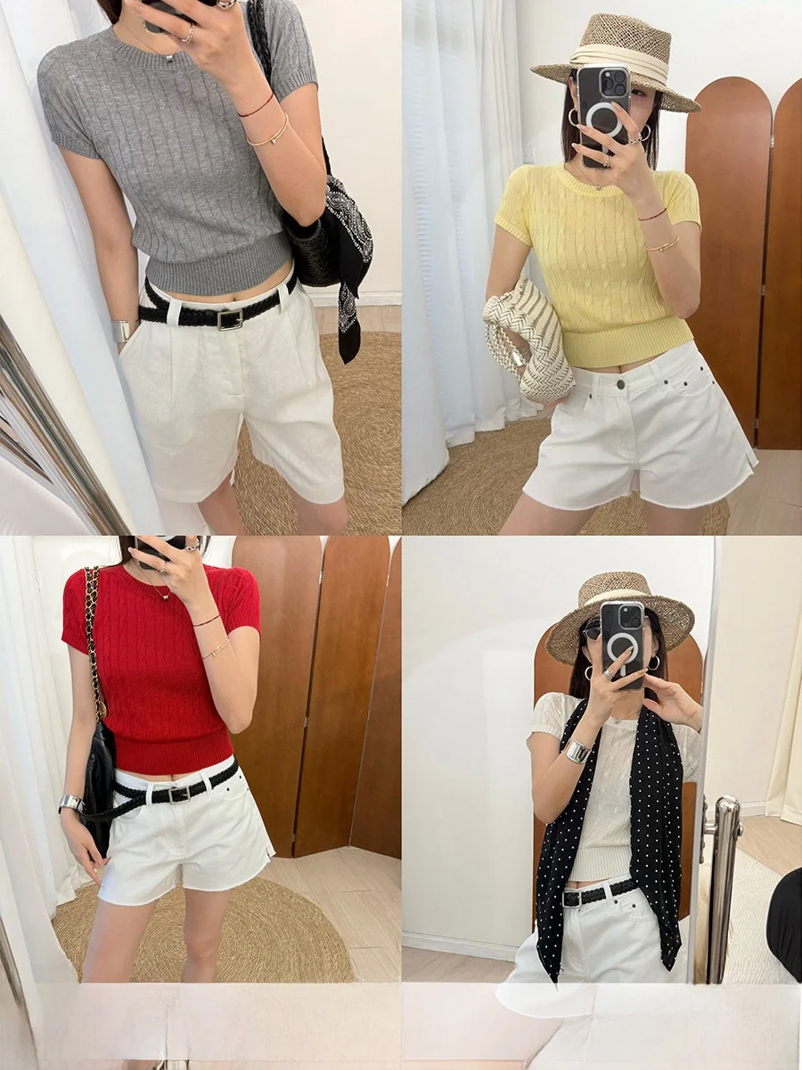 

Летняя универсальная футболка MUCCHIC с круглым вырезом, коротким рукавом, из шерсти и лиоцелла, однотонная, для повседневной носки