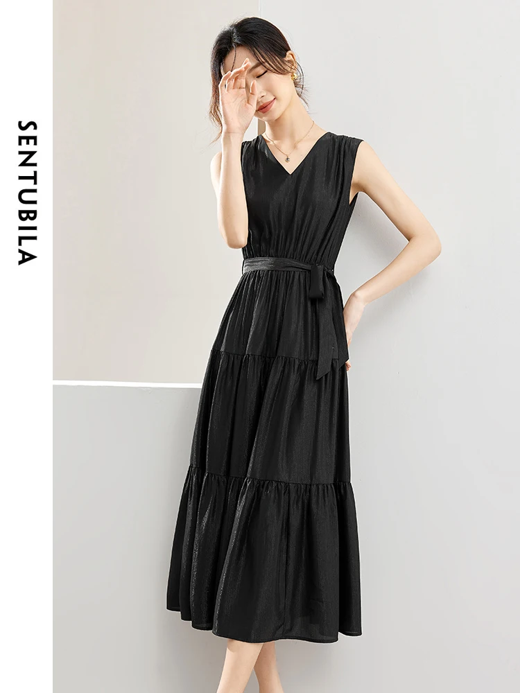 Sentubila vestido feminino preto com decote em v, elegante, novo, macio, cinto de gravata, linha a, sem mangas, verão, em camadas, midi, 2023, 141l53273