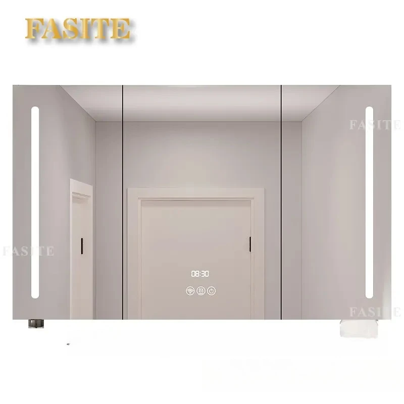 For 90cm Stainless Steel Smart Mirror Cabinet Wall Mounted Bathroom Storage Box with LED Lamp Induction Defogging Function