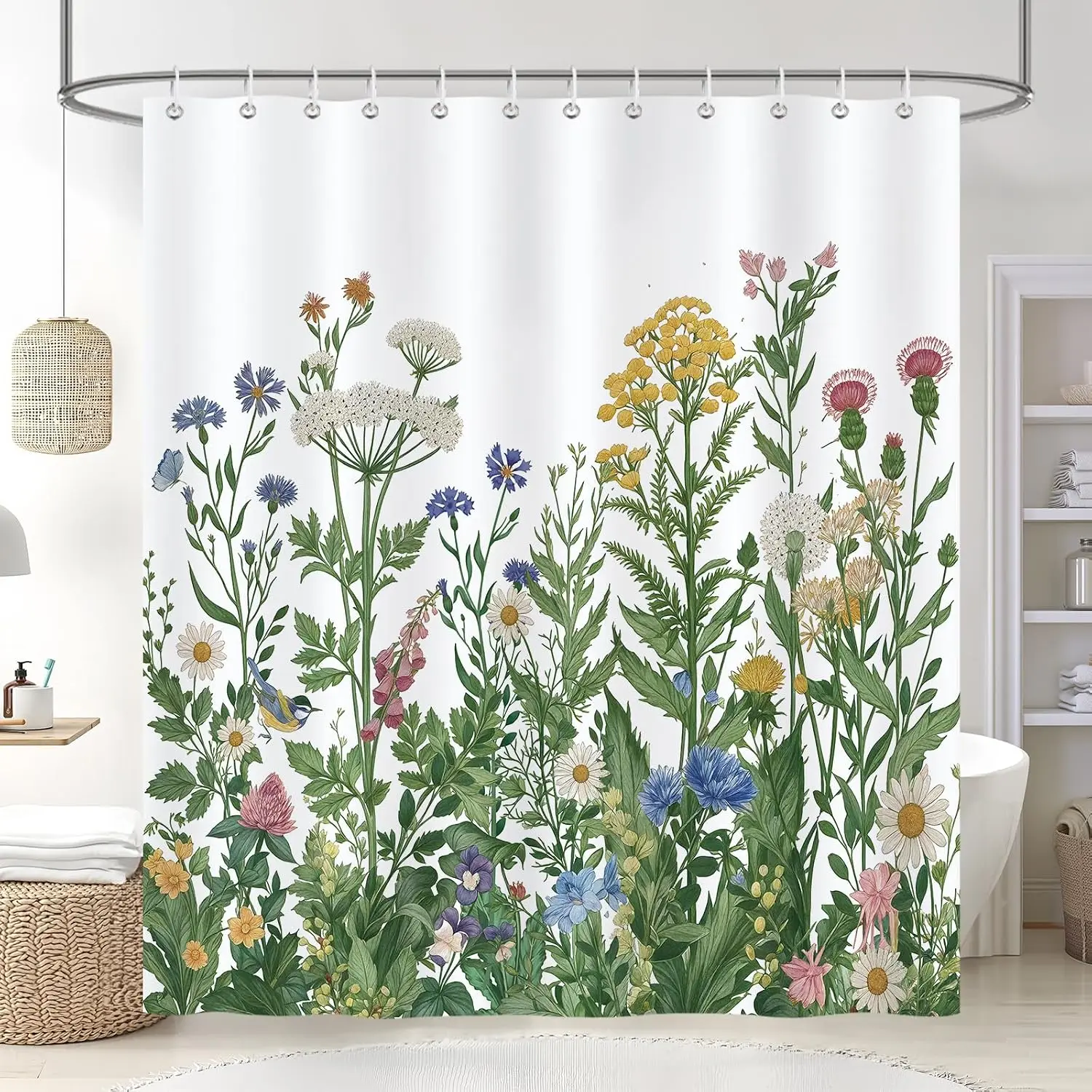 Waterproof Floral Botanical Shower Curtain Bathroom Decor Watercolor Greenery Liner for Modern Bathrooms