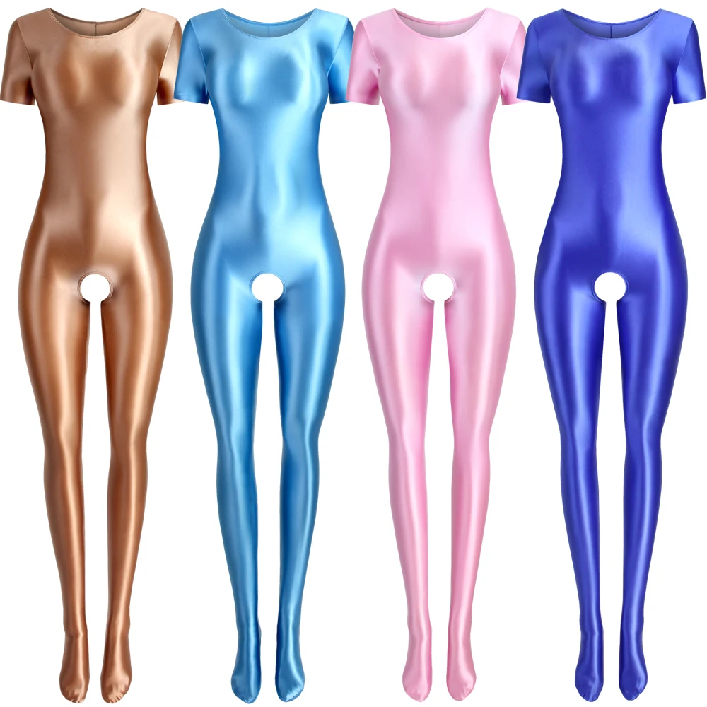 MJINM Women Smooth Glossy Short Sleeve One Piece Jumpsuit Open Crotch Tights Round Neck Stretch Bodysuits Yoga Fitness Overalls