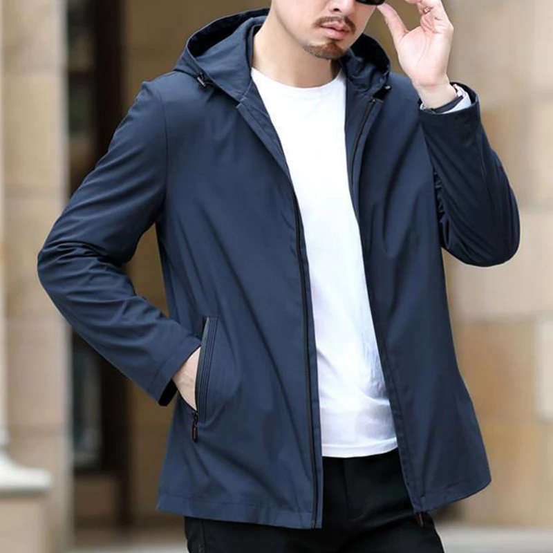 Men Hooded Zip Up Jacket Solid Color Long Sleeve Casual Lightweight Outerwear With Zipper Pockets