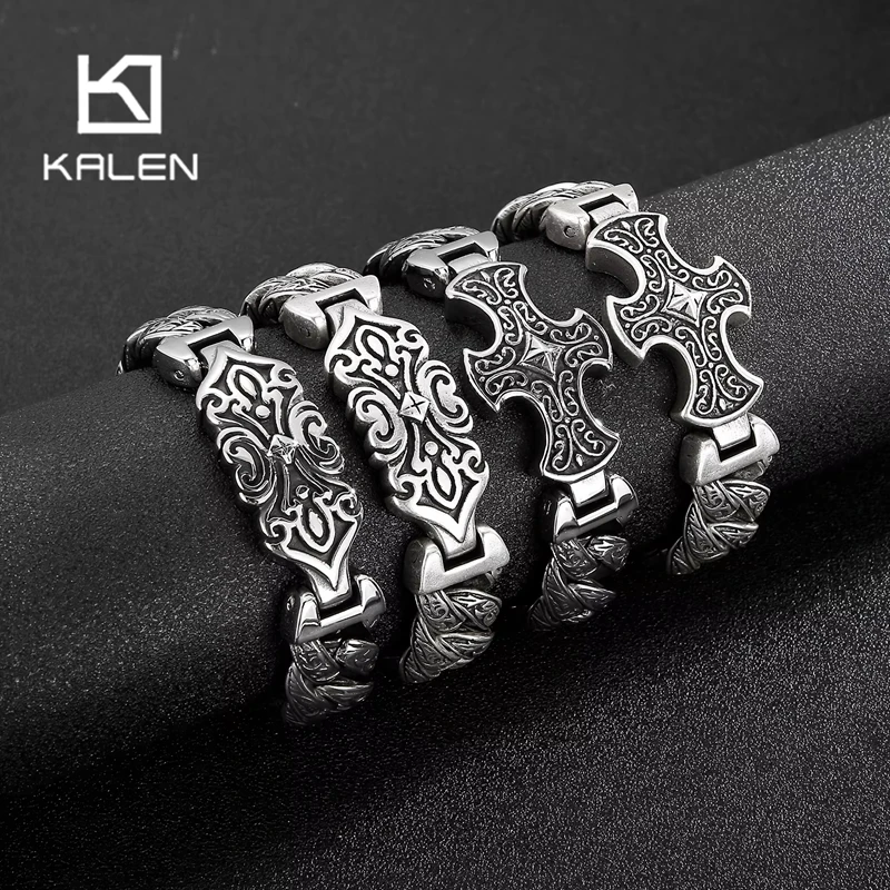 Kalen 18mm Vintage Celtic Cross Bracelet for Men Stainless Steel Carved Pattern Bracelet Rock Biker Jewelry Chunky Metal Gifts