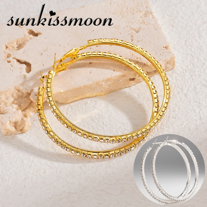 Элегантные женские серьги-кольца со стразами золотого и серебряного цвета, диаметр 30-100 мм, аксессуары для ушей, модные ювелирные изделия, подарок