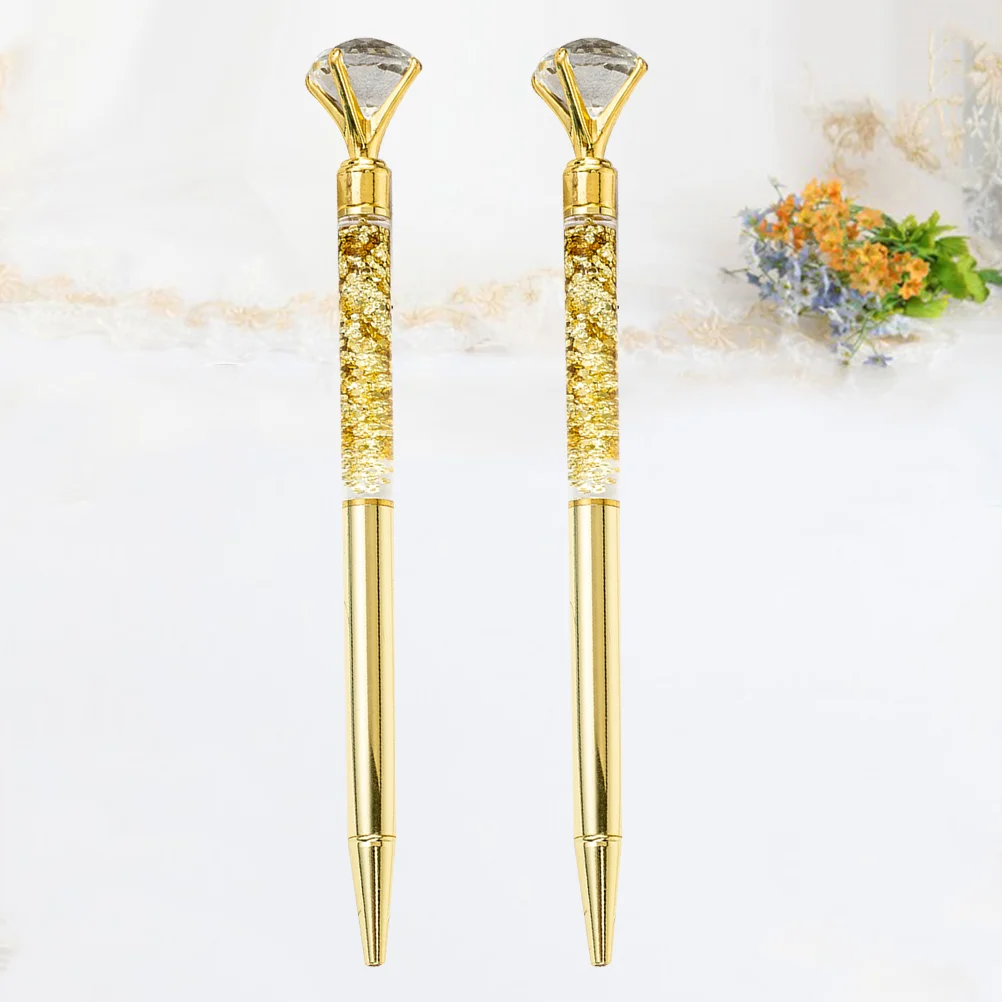 

2Pcs Ball Point Pen Metal Pen Glass Crystal Sparkling Diamond Roller Ball Pens for School Office(Golden)