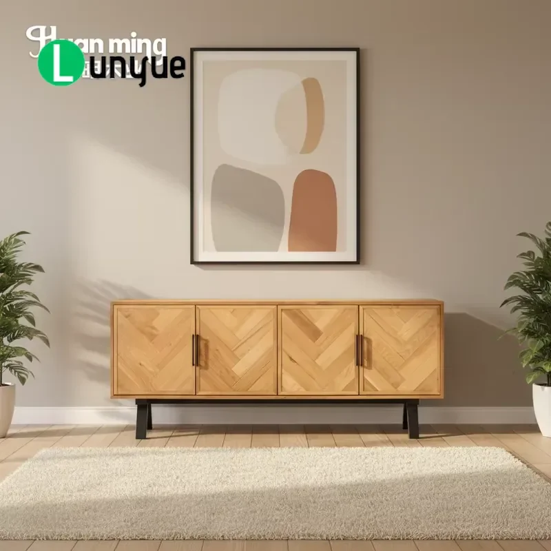 Nordic Retro Recycled Oak Kitchen Cabinet Four Door Herringbone Dining Sideboard Rural Style Storage Furniture for Living