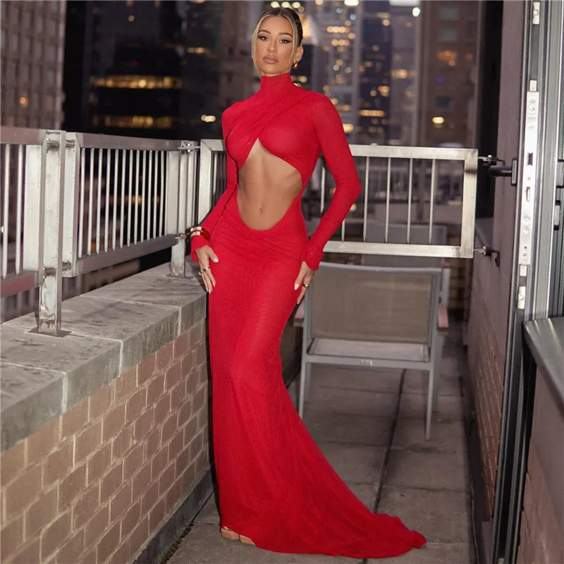 

2025 autumn and winter women's clothing new fashion turtleneck long-sleeved sexy hollowed-out navel slim-fitting dress