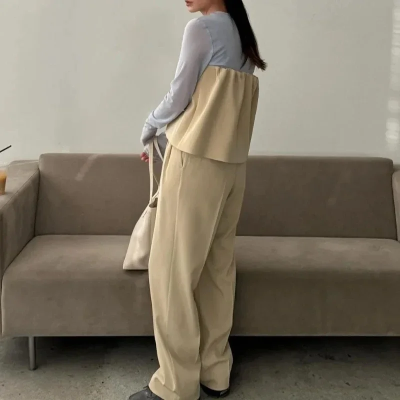 Spring 2025 New Comfortable Two Piece Sets Contrast Fake Two Piece Shirts Blouses + High Waist Casual Pants Japan Women Suit