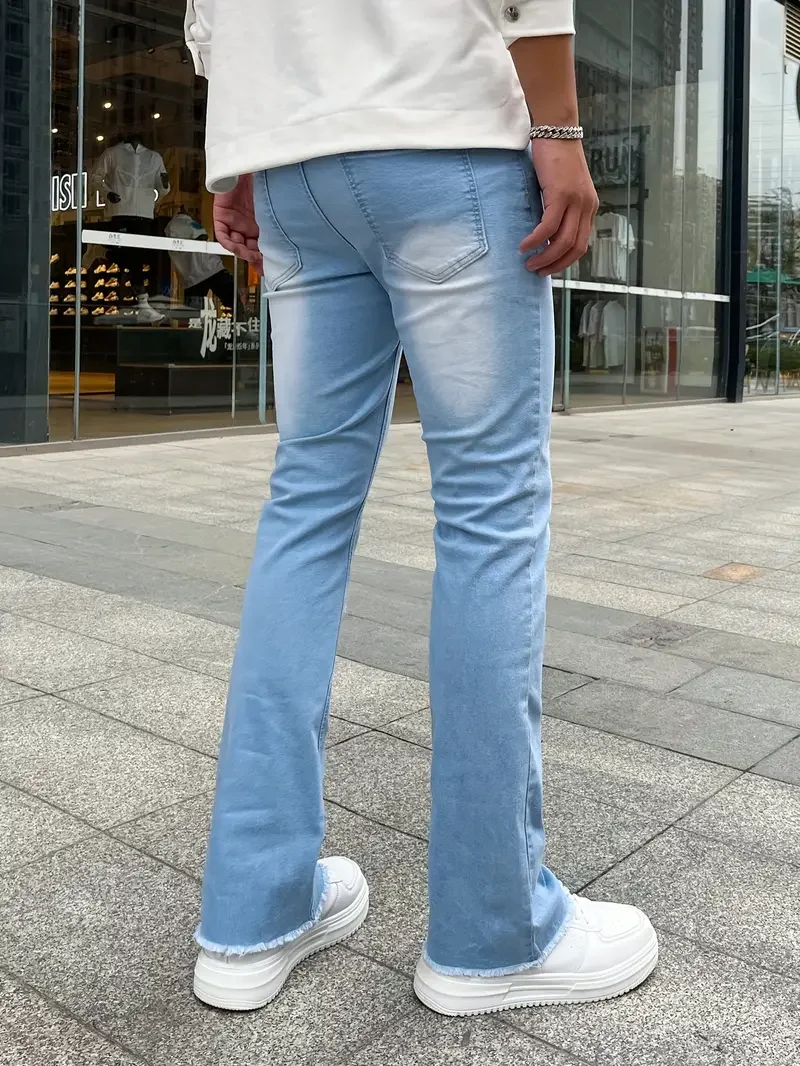 Calça jeans azul monocromática masculina, slim fit, calça jeans casual, streetwear hip-hop, calça masculina de qualidade