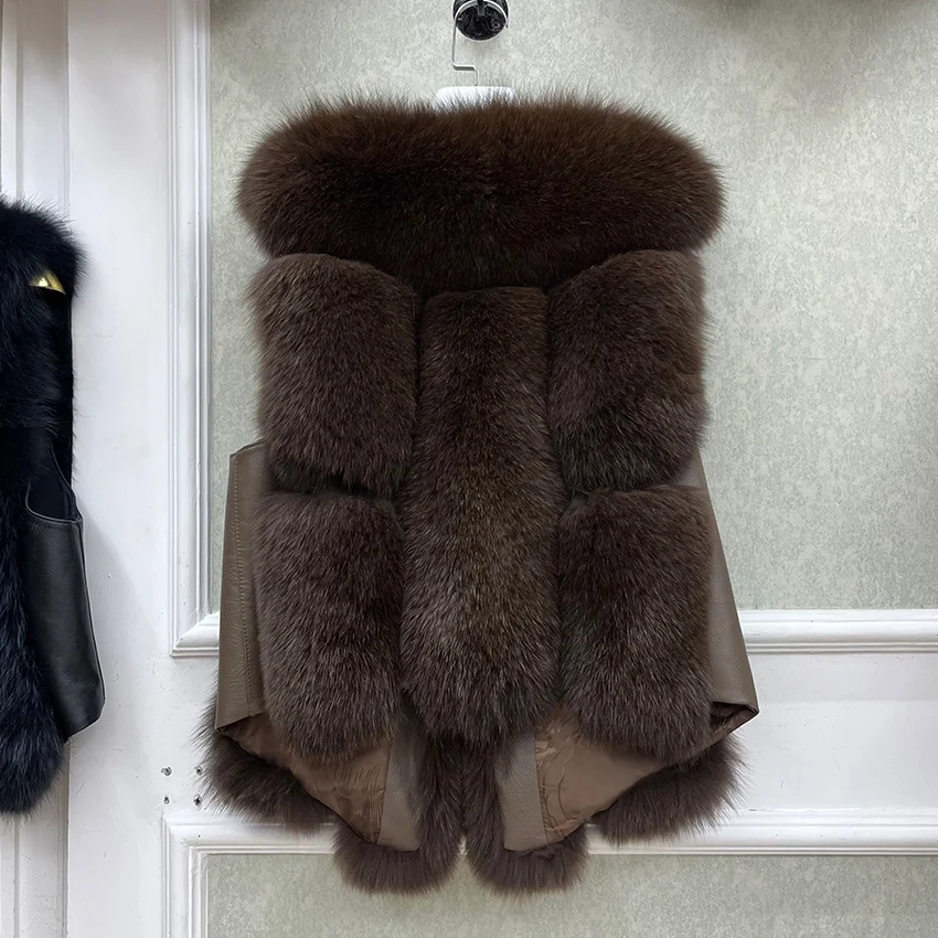 Colete Natural Real Fox Fur para mulheres, colete grosso de comprimento médio, jaqueta feminina de luxo, casaco quente, streetwear, novo, outono e inverno, 2022