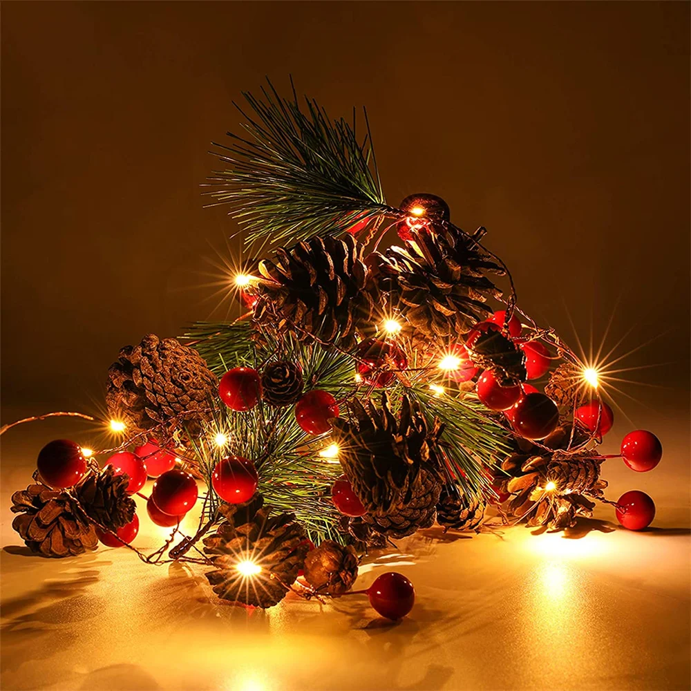 Christmas Garland Lights 2M 20LEDs Copper Wire Pinecone Berries Fariy Light for Outdoor Thanksgiving Holiday Party Decorations