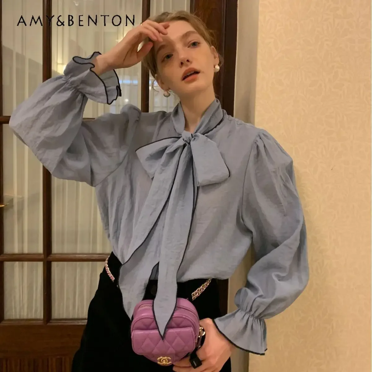 Autumn New Korean Ins Fashion Big Bow Lace-up Long-sleeved Shirt Women Graceful Versatile Loose Slim Shirts Office Lady Blouse