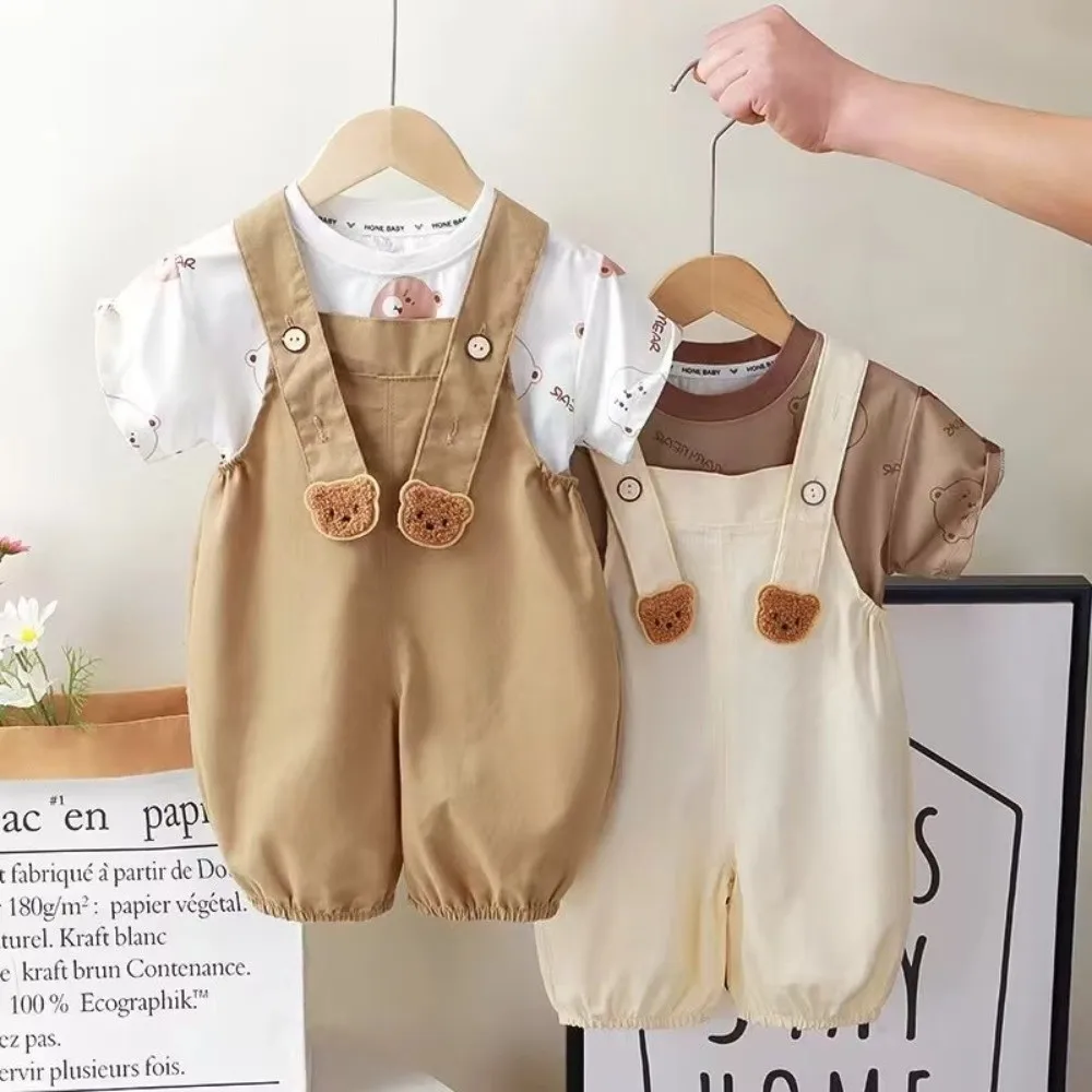 Cute Cartoon Bear Children Pants Sets Tracksuit Short Sleeve Shorts Suits Suspender Shorts Children