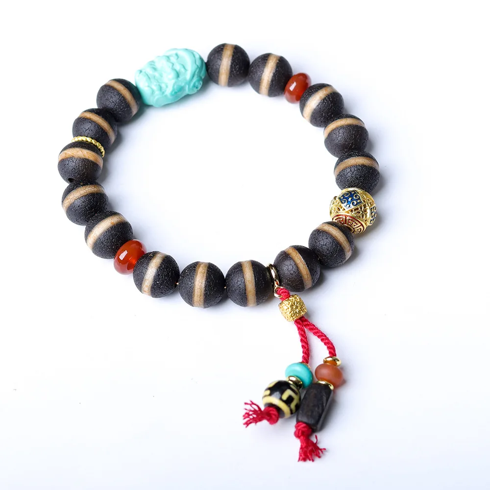 Original Design Patina Dzi Bead Bracelet Chinese Style Wenwan Magnesite Turquoise God of Wealth Bracelet Gifts