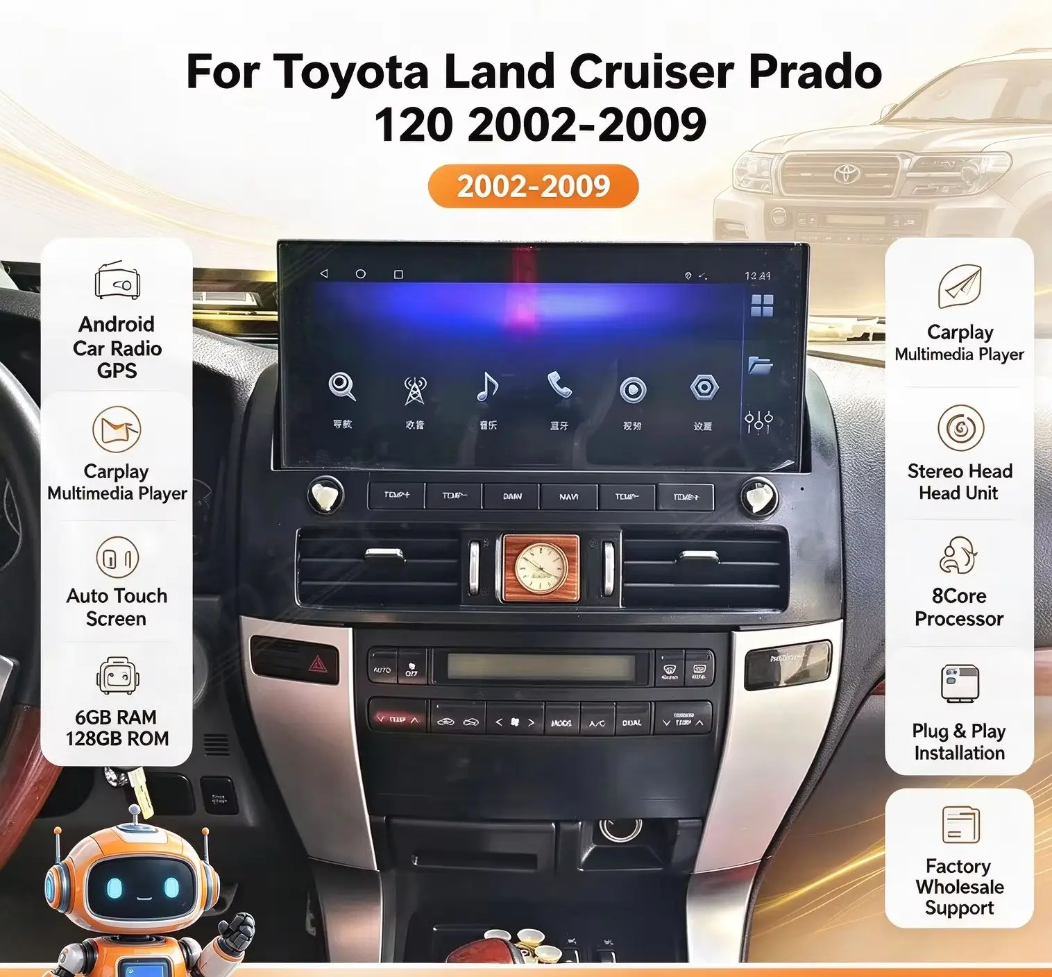 Android Multimedia Stereo Car Radio Touch Screen For Toyota Land Cruiser Prado 120 2002-2009 CarPlay GPS Navigation Head Unit