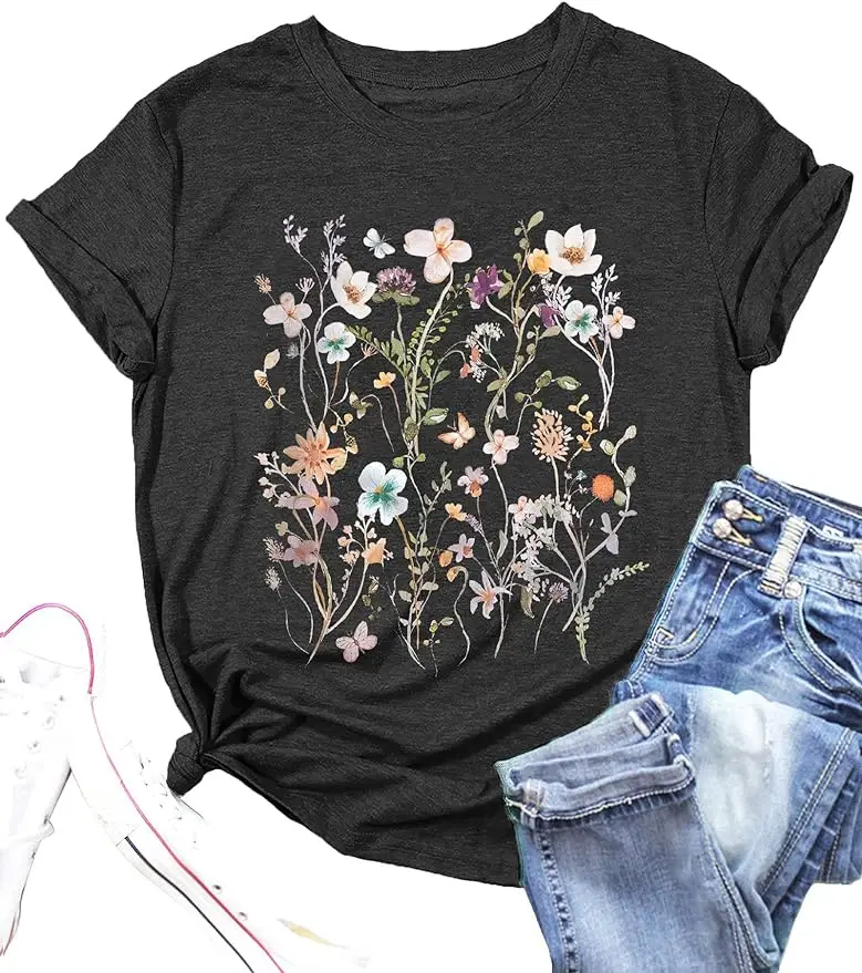 Women Boho Flower T Shirt Vintage Floral Graphic Shirt Botanical Tee Wildflowers Shirts Garden Lover Top