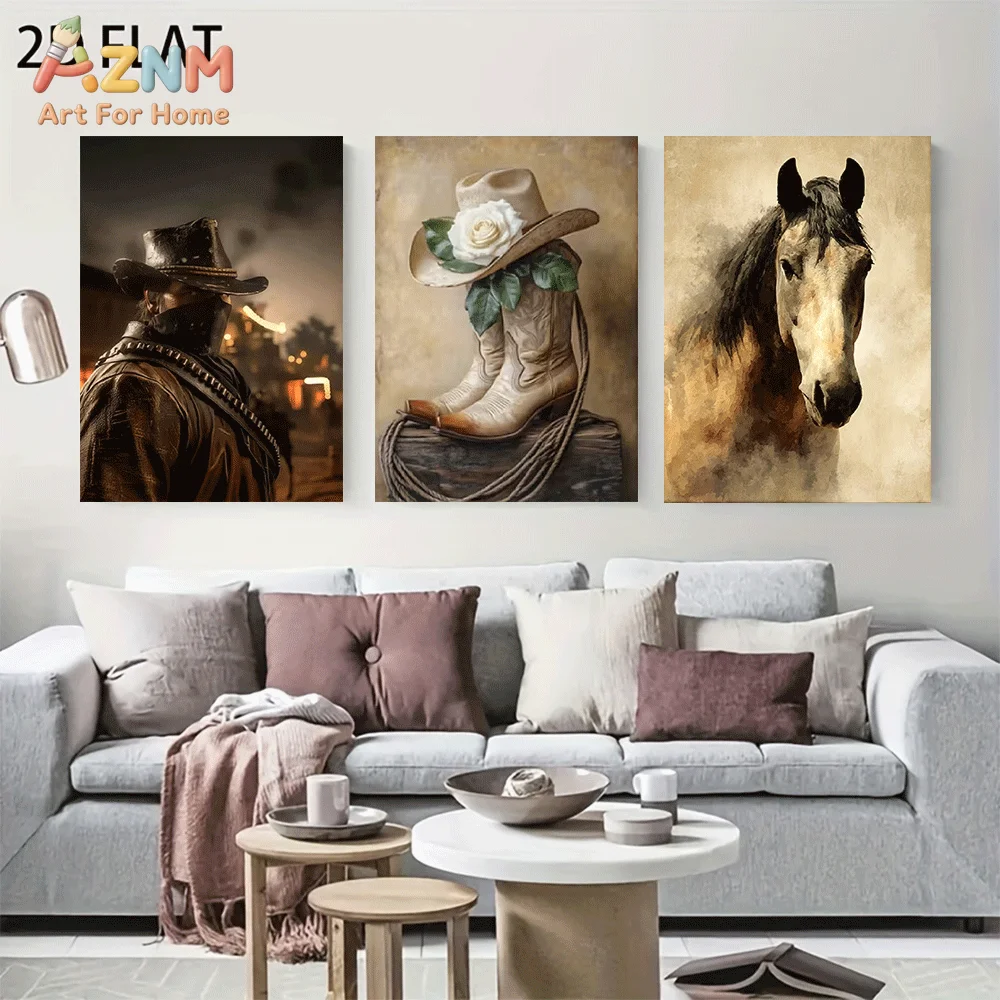 AZNM Frameless Canvas Wall Art, Vintage Western Cowboy Hat Boot Horse Print, Retro Wild West Country Style Wall Decor for Living