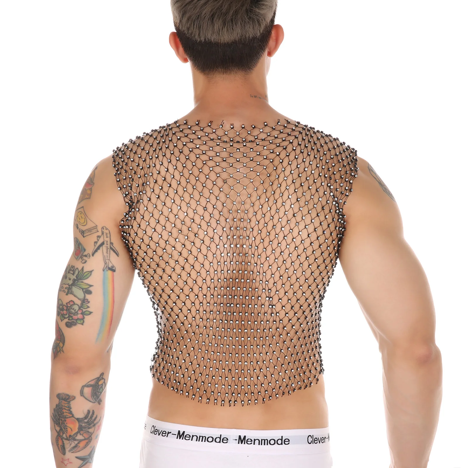 

Men Fishnet Vest Sexy Transparent Fitness Rhinestone Tank Vest Muscle Crops Tops See-through Sleeveless T-Shirt Workout Clothes