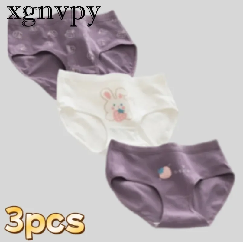 xgnvpy 3pcs New Purple Cute Cute Rabbit Pure Cotton Mid-waist Underwear Ladies Briefs Girls Students