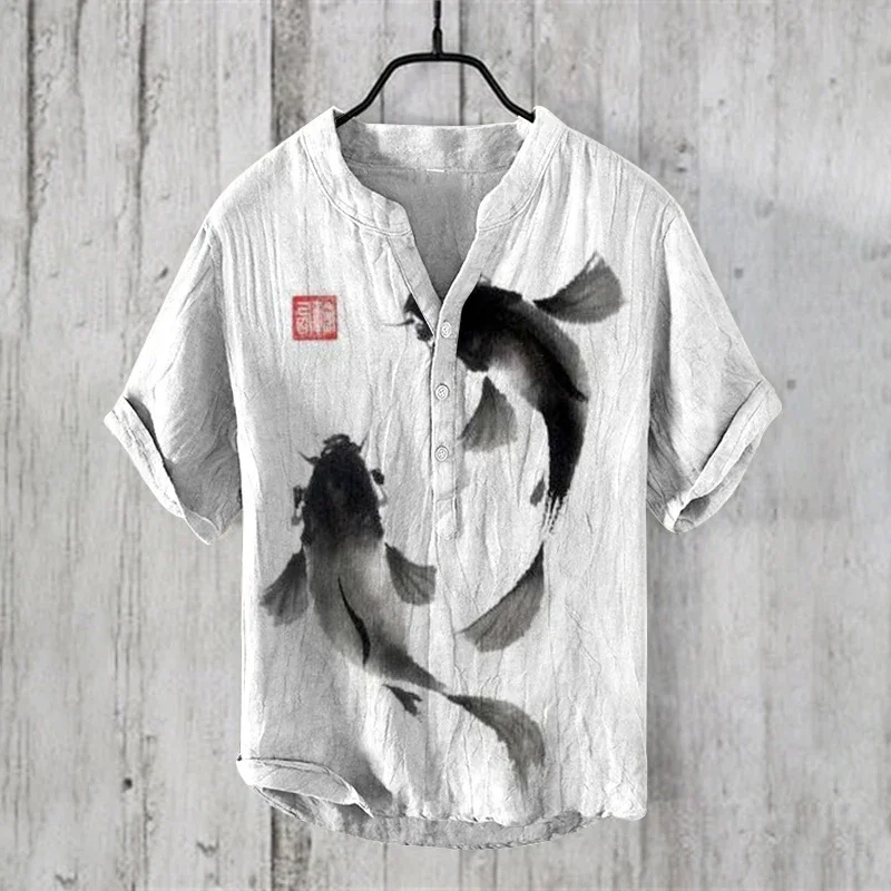 2024 New 100% Linen Shirt HD Pattern Plus Size Crane Fish Landscape Painting Shirt Hawaiian Men\'s Linen V-neck Men\'s T-shirt