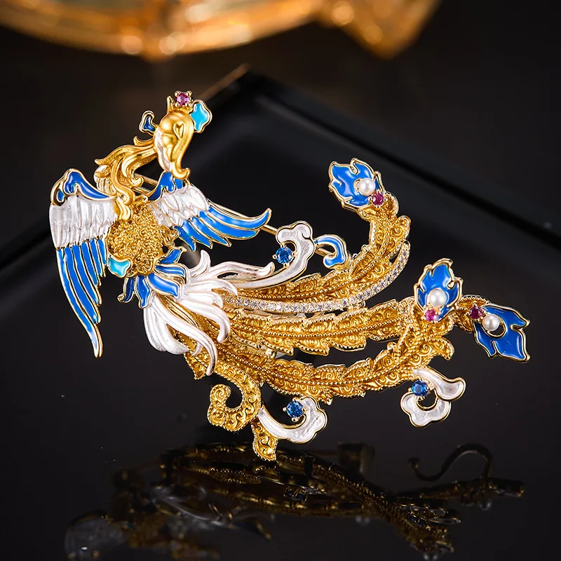 Luxury Cloisonné Phoenix Brooch for Women Vintage Handmade Animal Lapel Pin 18k Gold Plated Copper Wedding Engagement Jewelry