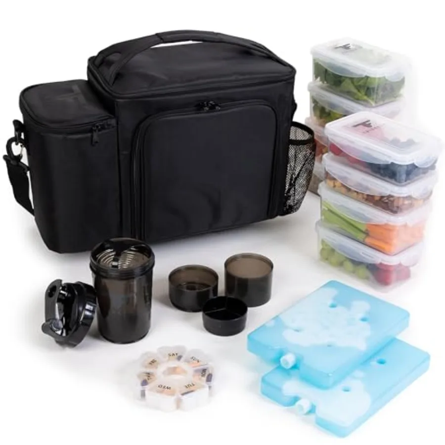

Large Black Meal Prep Lunch Bag 8 Portion Control Containers Pill Dispenser Shaker Cup and 2 XL Reusable Ice Packs