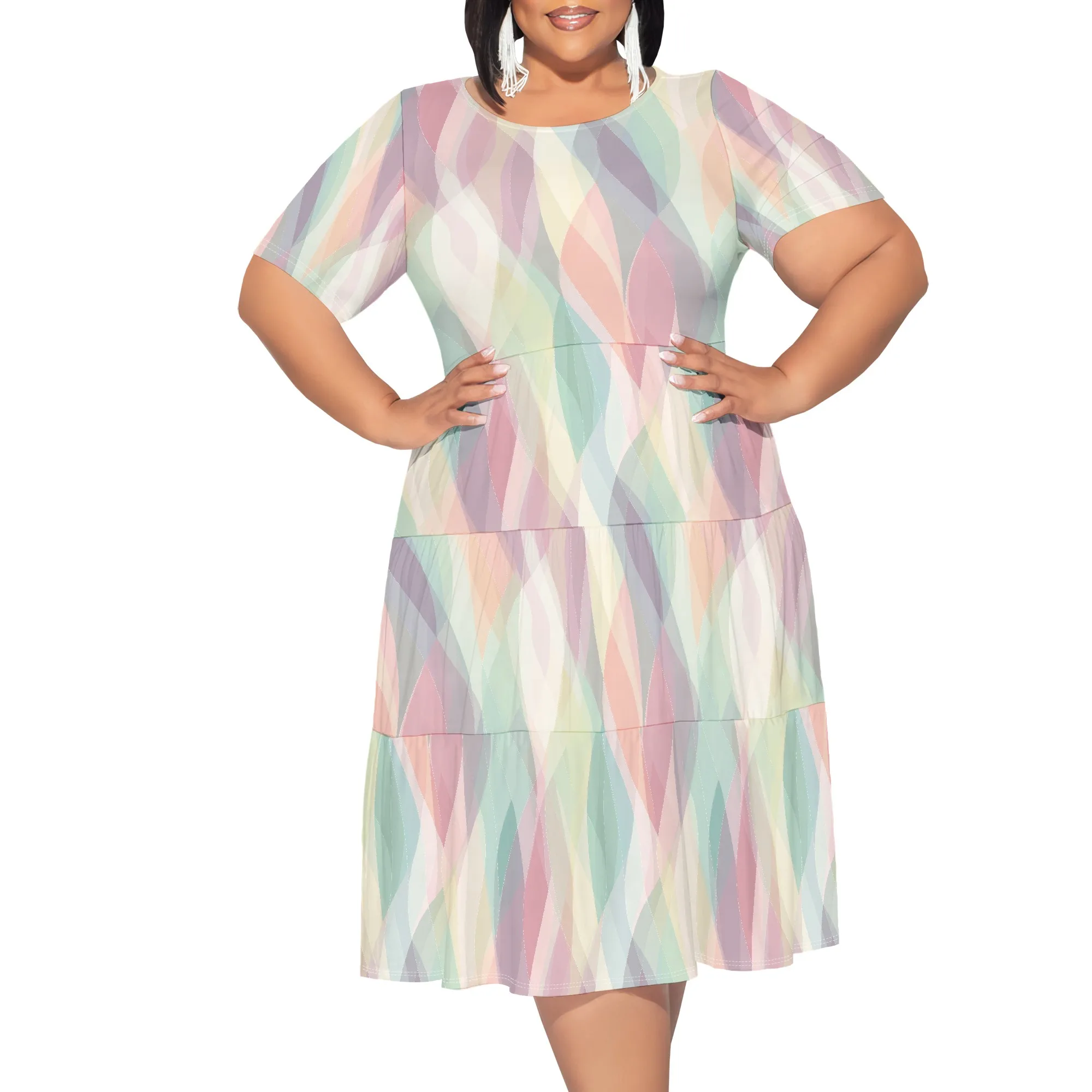 

Women Puffy Swing Elegant Party Midi Dresses Short Sleeve Round Neck A-Line Dress