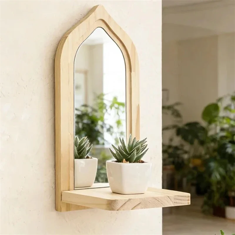 Boho Wall Mounted Moroccan Arch Acrylic Wall Mirror Natural Wood Framed With Storage Shelf Wall Decor For Living Room Bedroom