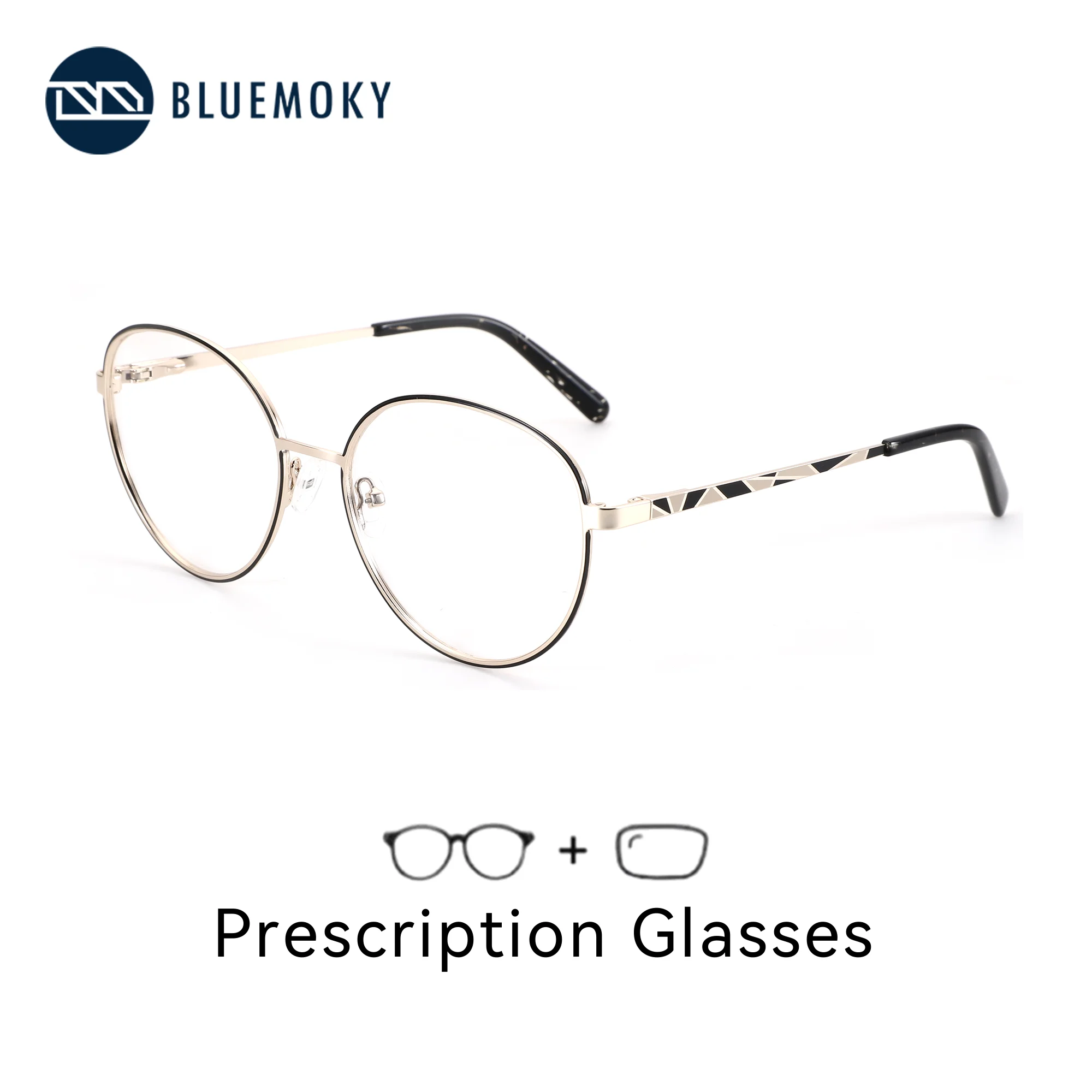 BLUEMOKY (XL Size) Round Metal Prescription Glasses For Women Anti Blue Light Progressive Multifocal Optical View Eyeglasses