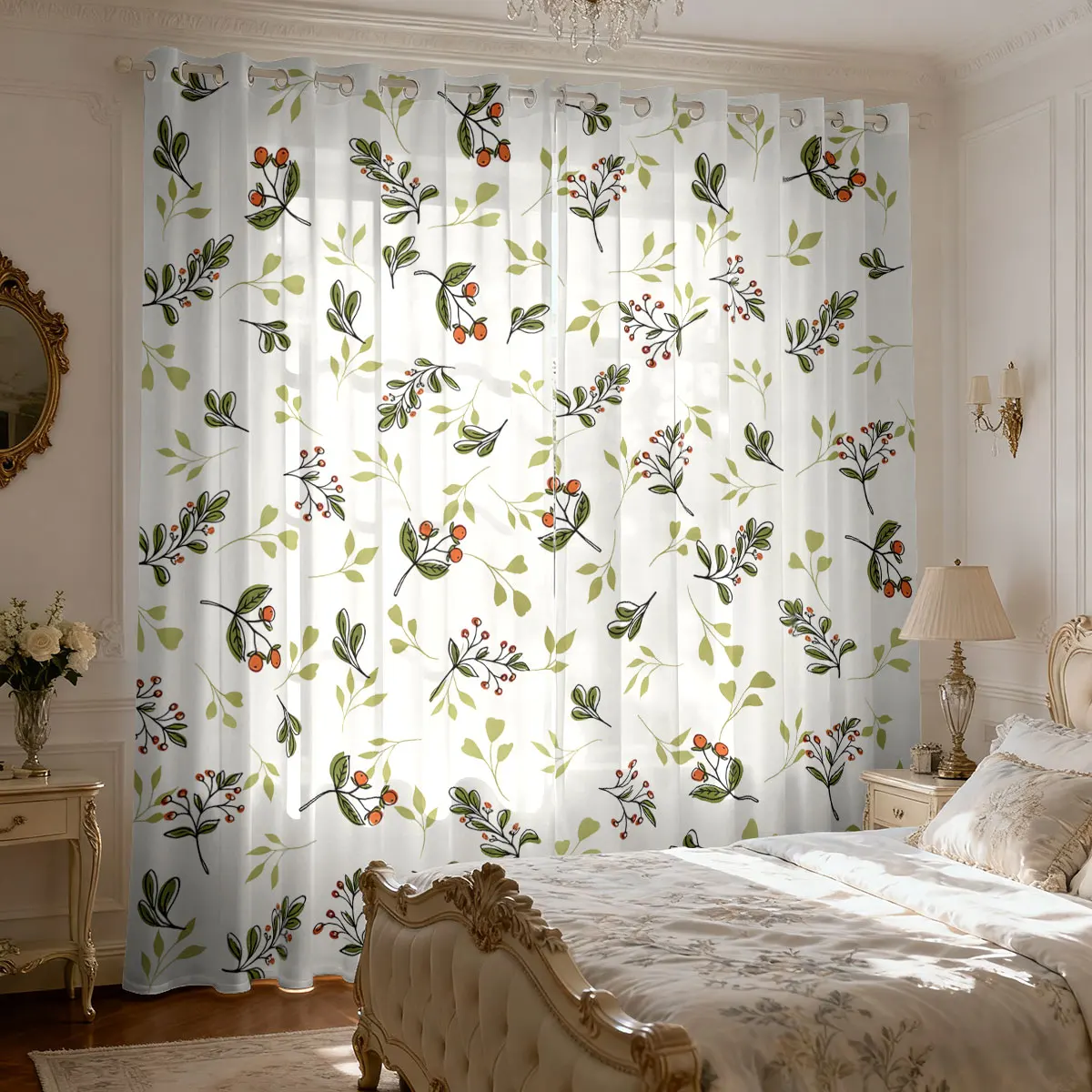 2pcs Spring Floral Print 90g Perforated Print Curtains Multiple Size Living Room Bedroom Insulation Light Blocking Decoration