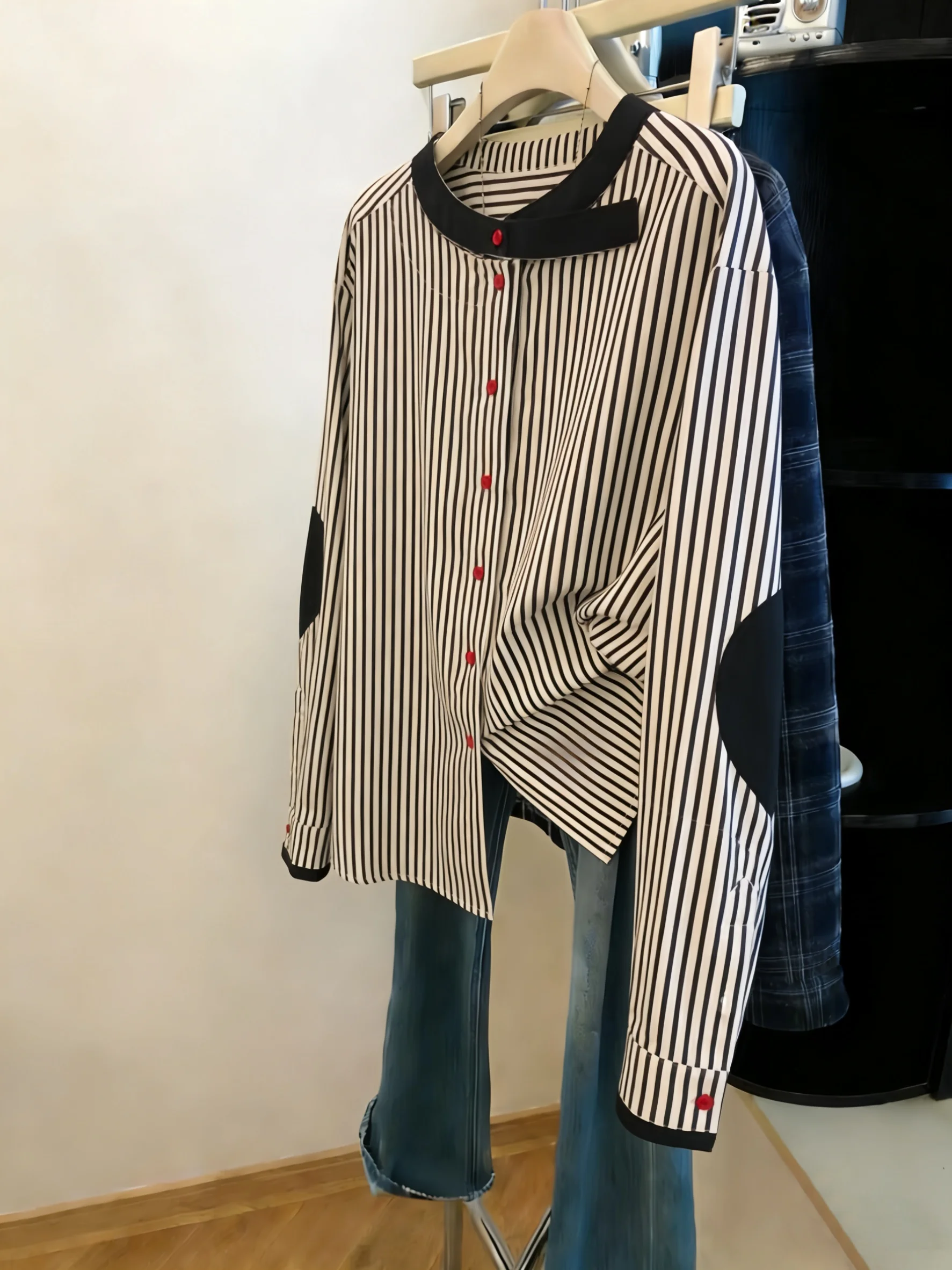 

Premium Vintage Heavyweight round Neck Single Buttoned Shirt Men Women Spring Autumn Fashion Casual Versatile Striped Top