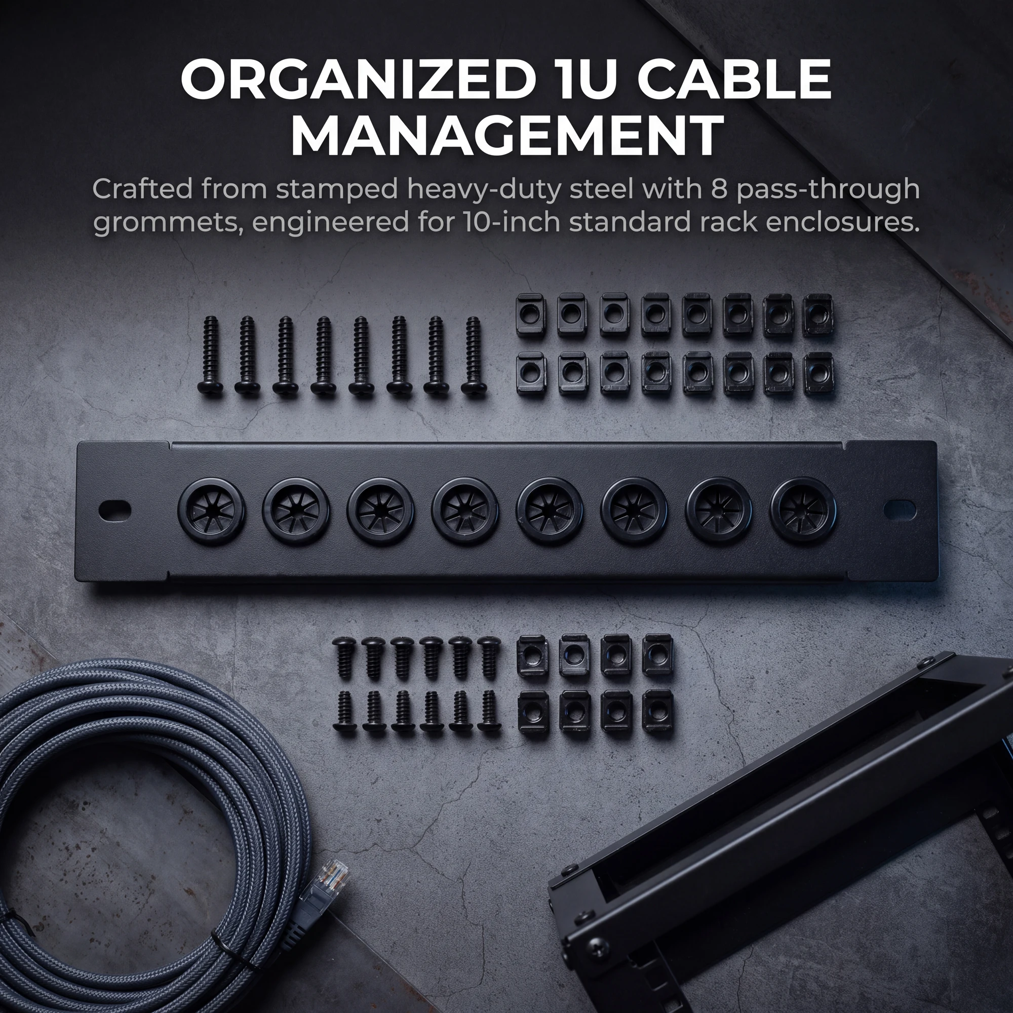 1U 10 Inch Rack Cable Management Panel, 8 Holes Metal Cable Pass Through Grommet Panel for Server Network Cabinet 1-10PCS