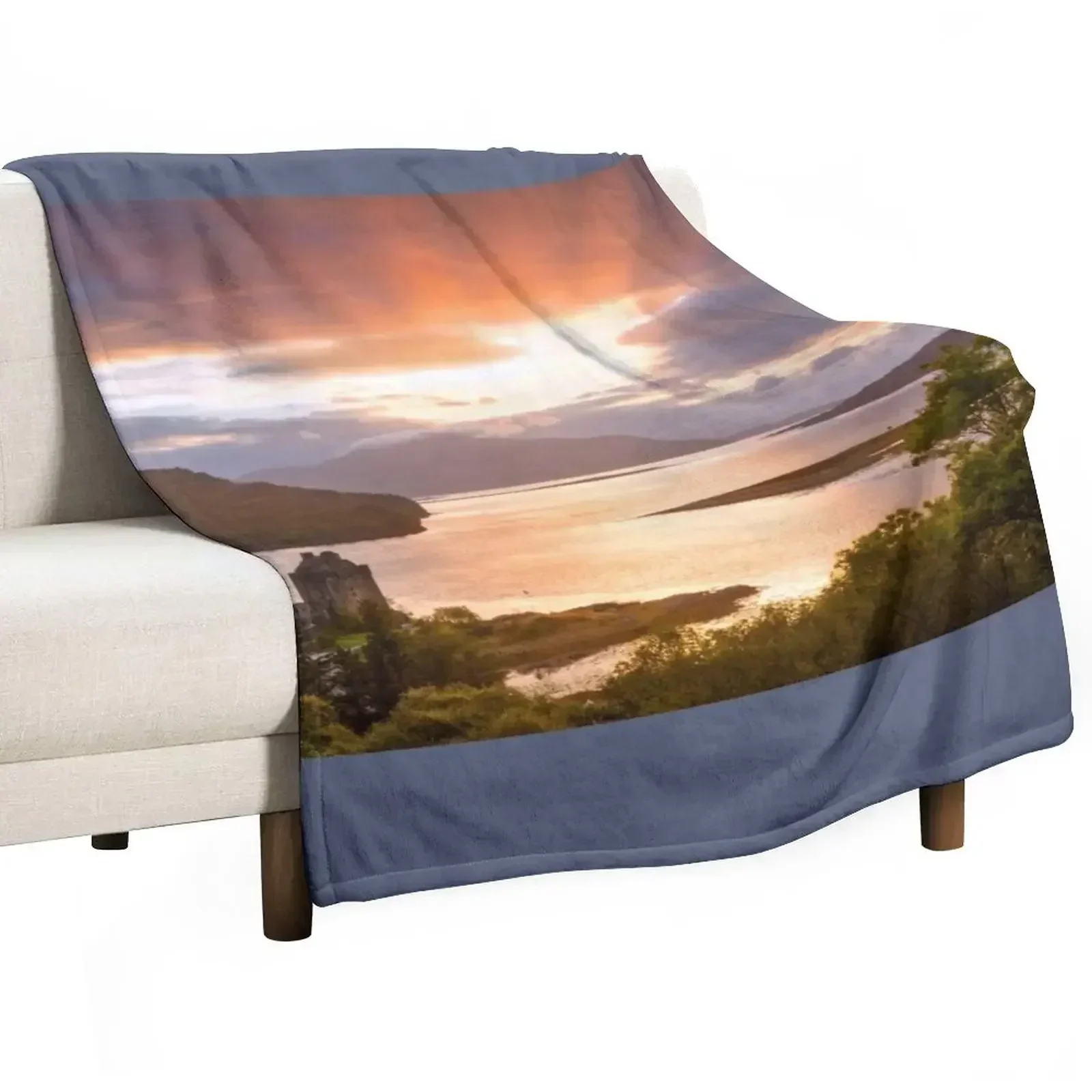 Eilean Donan Castle Sunset Sunbeams Carr Brae Scotland. Throw Blanket Flannels blankets ands valentine gift ideas Blankets