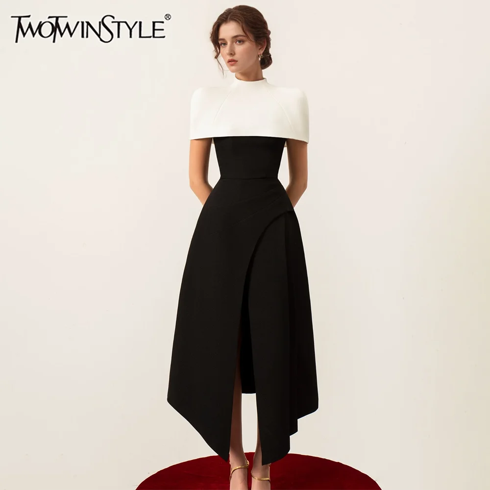 TWOTWINSTYLE Detachable Cloak Elegant Dresses For Women Square Collar Sleeveless High Waist Hit Color Split Dress Female Fashion