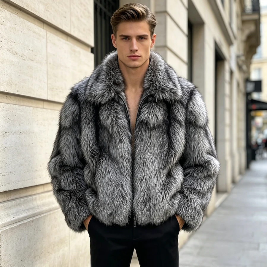 Chaqueta Bomber con cremallera de piel de zorro de piel completa para hombre, abrigo de piel de zorro plateada auténtica con cuello, abrigo de piel corta, abrigo de piel Natural de alta calidad