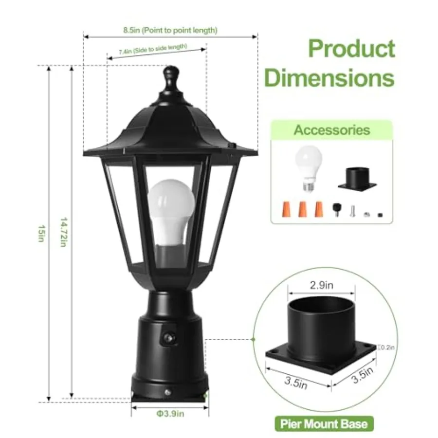Outdoor Post Light, Waterproof Pole Lantern with Pier Mount Base, Exterior Plastic Lamp Light Fixture, for Garden, Patio, Pathw