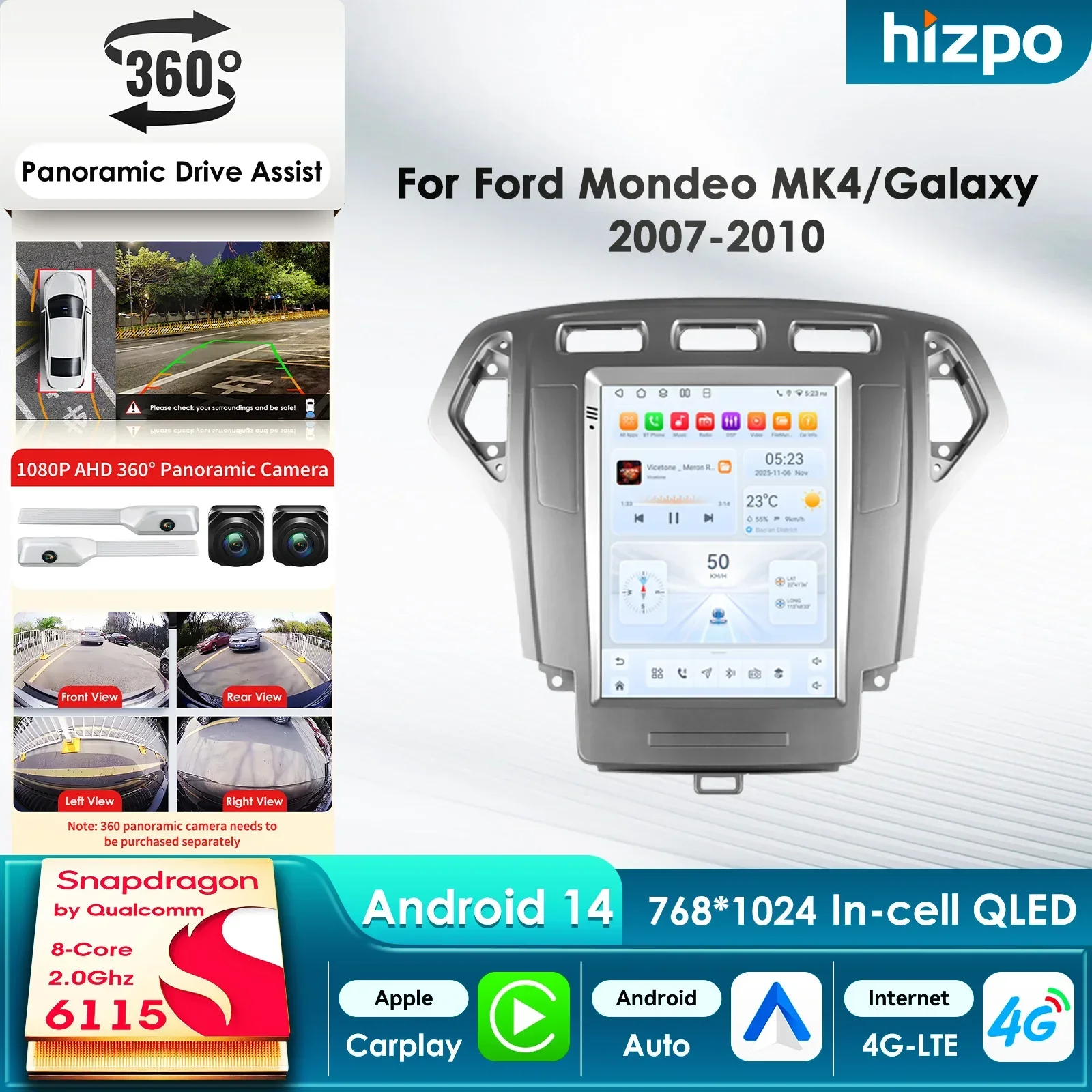 Hizpo Carplay AI 4G LTE Android 14 für Ford Mondeo 4 2007 - 2010 9,7'' Bildschirm Autoradio Multimedia Video Navigation GPS FM Audio 9,7 Zoll Tesla-Style Intelligenter Bildschirm QLED-Display