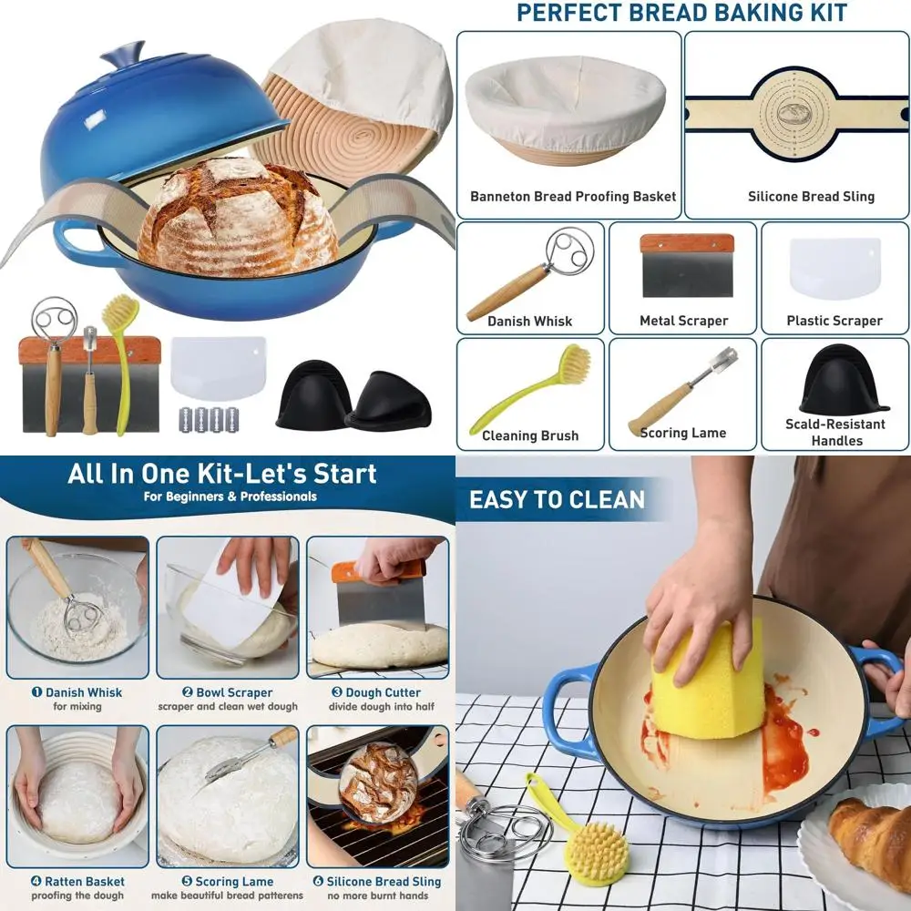 

6-Quart Cast Iron Dutch Oven with Proofing Basket, Silicone Sling, and Dough Whisk for Sourdough and Multipurpose Cooking