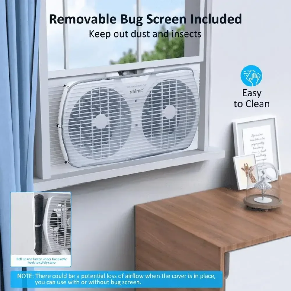 Portable Twin Window Fan with Reversible Airflow Control Bug Screen 3-Speed Settings White