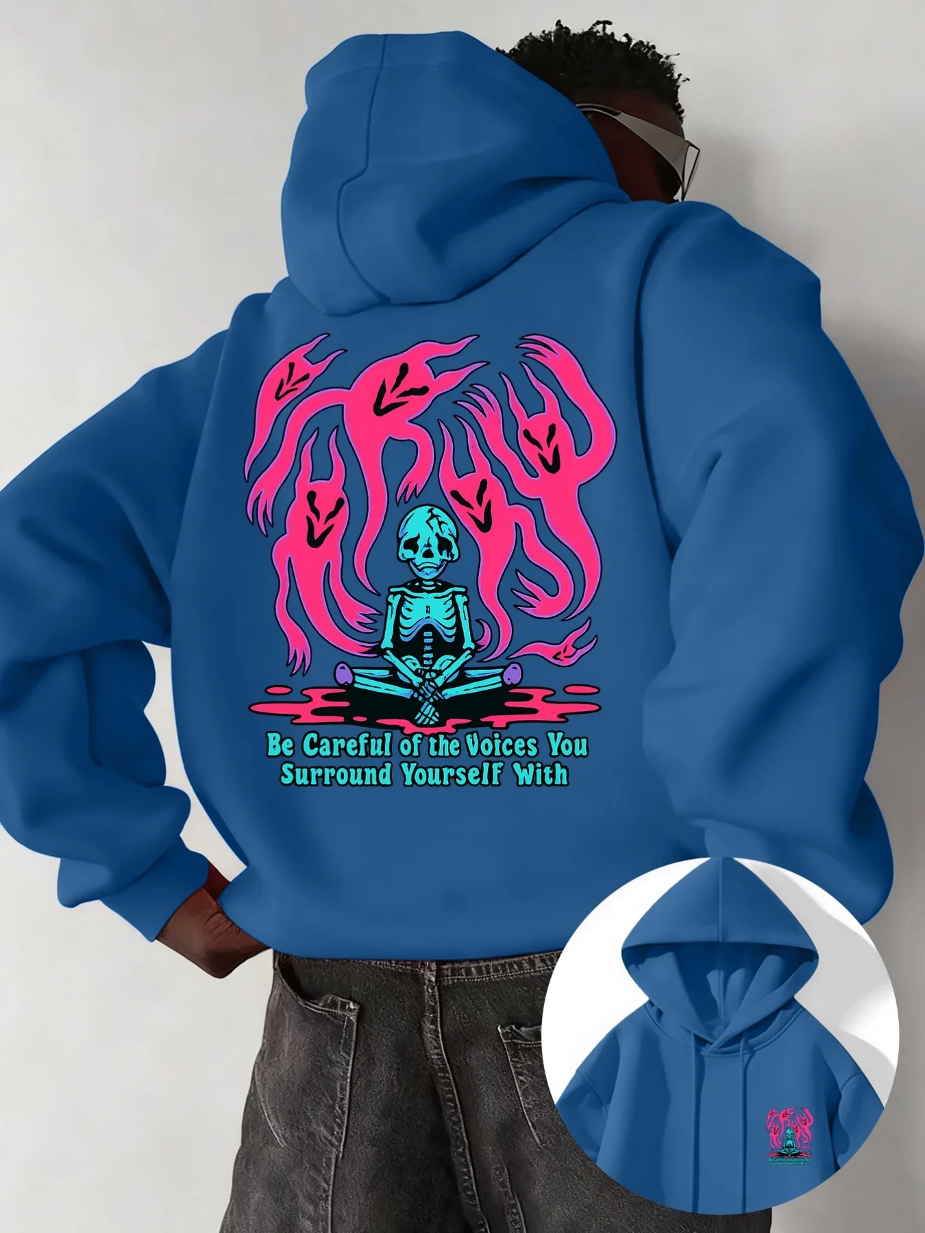 Trippy Meditating Skeleton Ghost Graphic Hoodie Men Women Unisex Loose Pullover Sweatshirt Front Back Print Y2K Streetwear