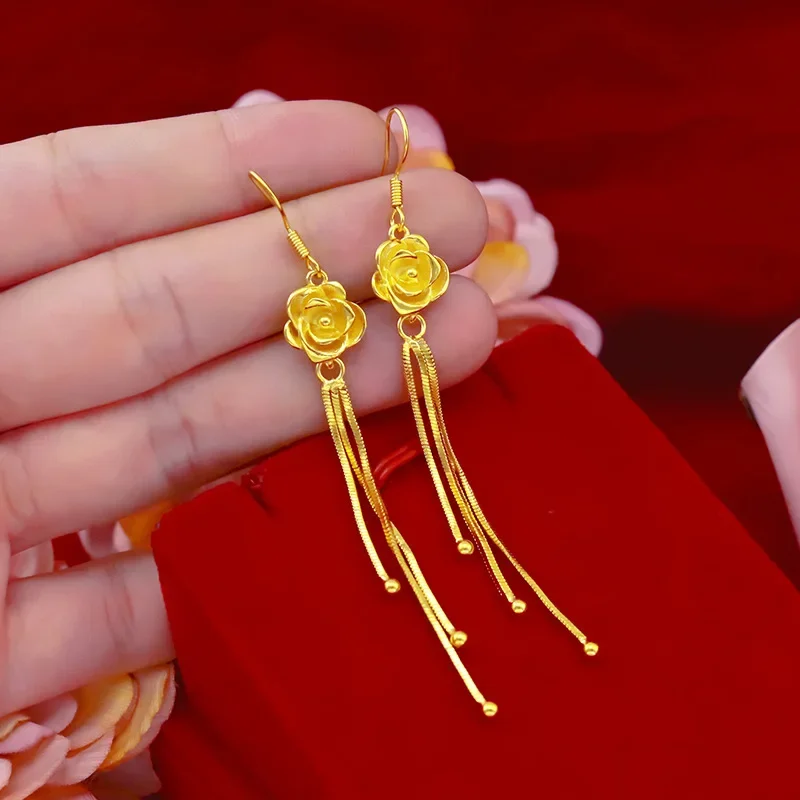 9999 real gold 24K yellow gold Fashion Flower Earrings Rose Flower Ear Hook