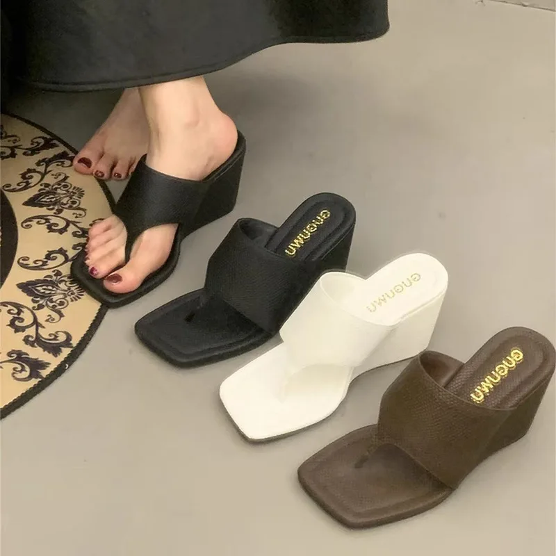 Spring New Women's Fashion Slope Heel Open Toe Flip Flops Comfortable Slip on Elegant Slippers Concise Sandals