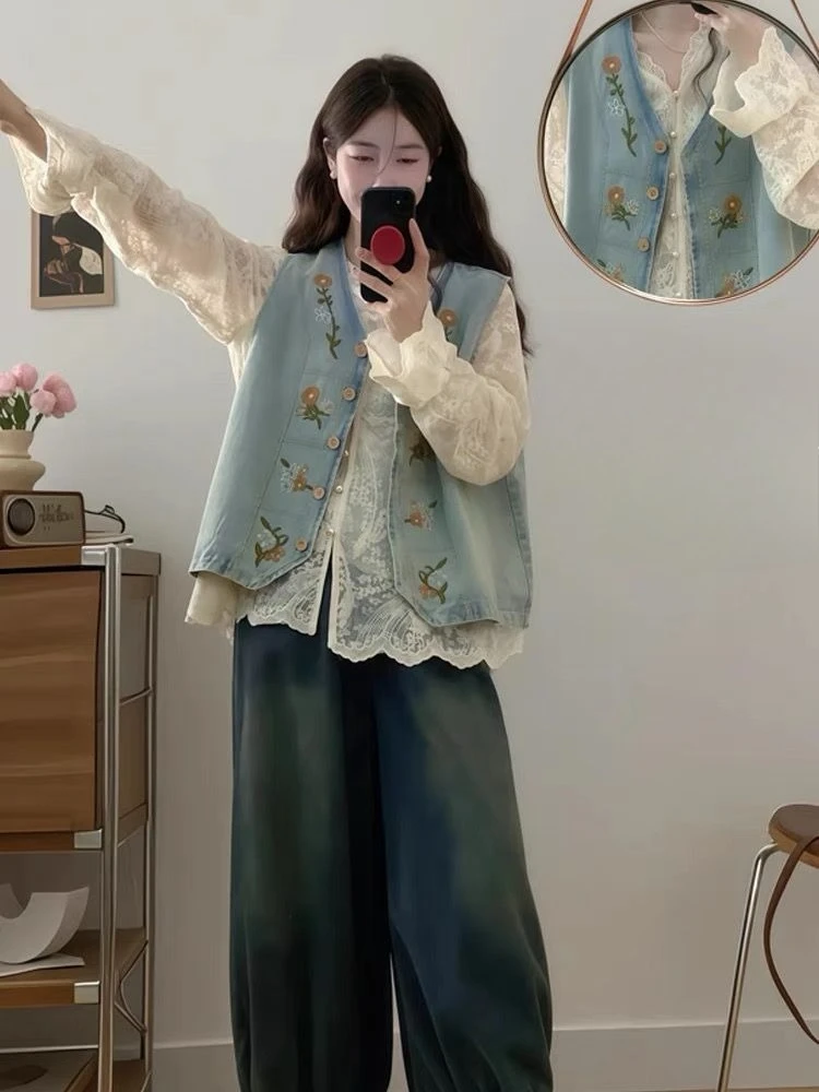 حجم كبير نمط الملح 2026 ربيع جديد مطرزة سترة جينز رداء علوي غير رسمي فضفاض صالح التخسيس الحلو نمط للنساء #5