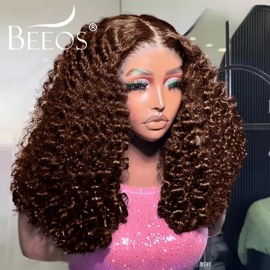 باروكات أمامية كاملة بدانتيل أمامي مقاس 13 × 6 عالي الدقة # 4 باروكات قصيرة مموجة بالماء بني شوكولاتة، باروكات مجعدة، شعر بشري منتفخ مسبقًا بنسبة 100%