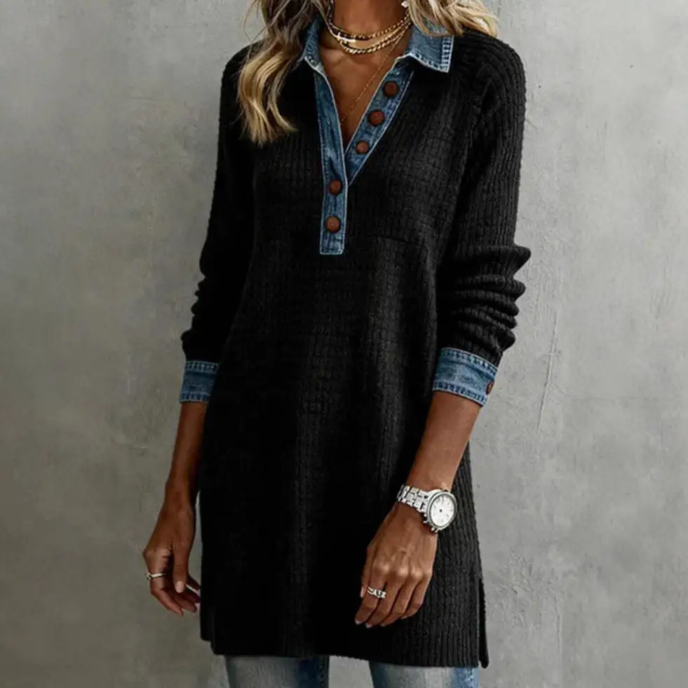 2025 outono nova estação independente botão para baixo denim retalhos longo gola sve dr cintura alta saia irregular casual sle