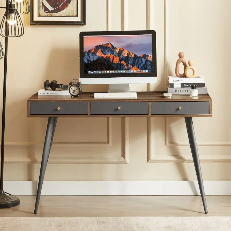 

Mid Century Modern Writing Study Desk with Drawers Multifunctional Home Office Computer Desk Walnut Dark Grey