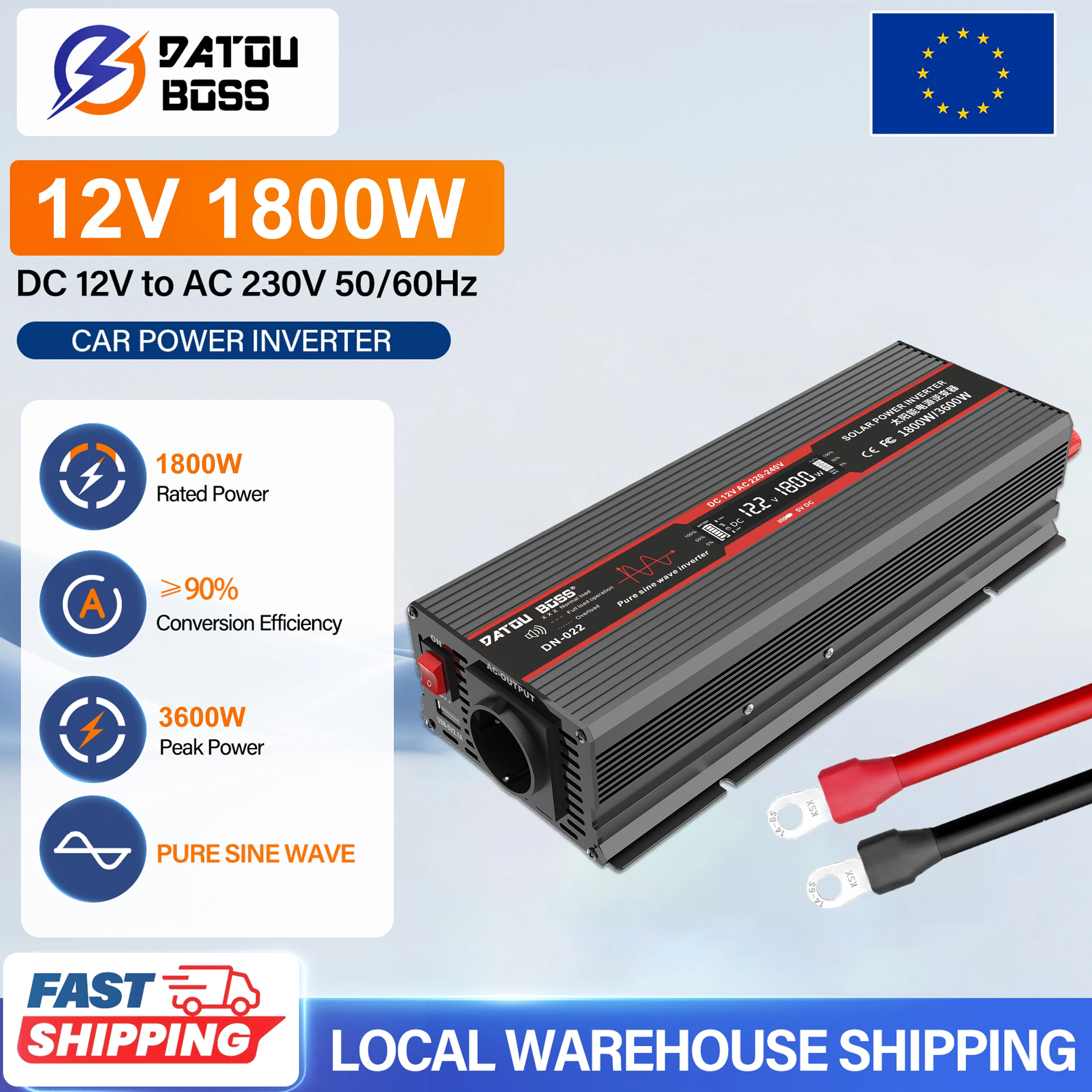 DATOUBOSS DNB Przetwornica Samochodowa z Czystą Sinusoidą 1800W Przenośna DC12V na AC220V-240V 50Hz do Urządzeń Samochodowych i Zasilania Zewnętrznego