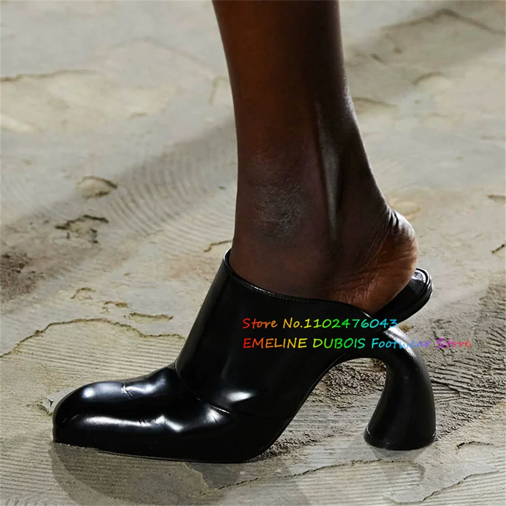 

Round Toe Strange Heel Mules Women Summer New Leather Slingback Oversized Fashion Show Slip On Metal High Heel Half Slippers