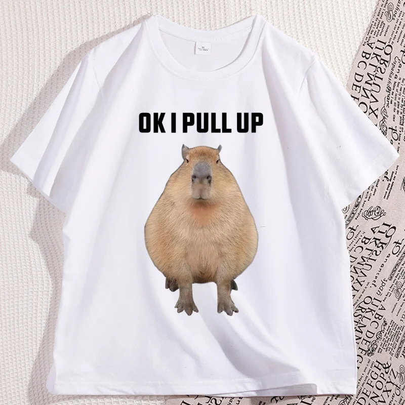 Capybara Meme Ok I Pull Up T Shirt Casual Round Neck Printed Cotton Short-sleeved T-shirts Loose Unisex Streetwear Comfortable